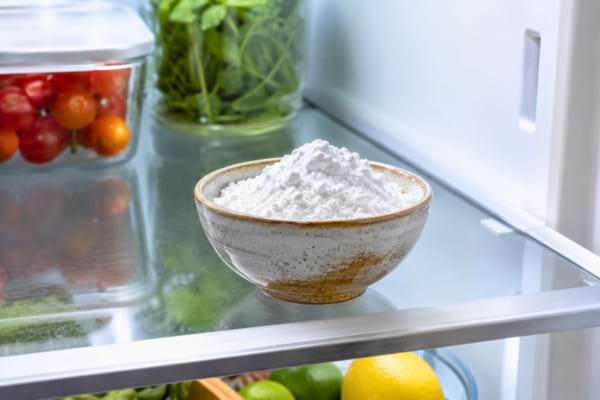 a small rustic ceramic bowl filled with white baking powder sitting on a glass shelf inside a clean