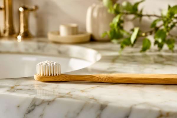 A sustainable bamboo toothbrush with a light sprinkle of white powder on the bristles