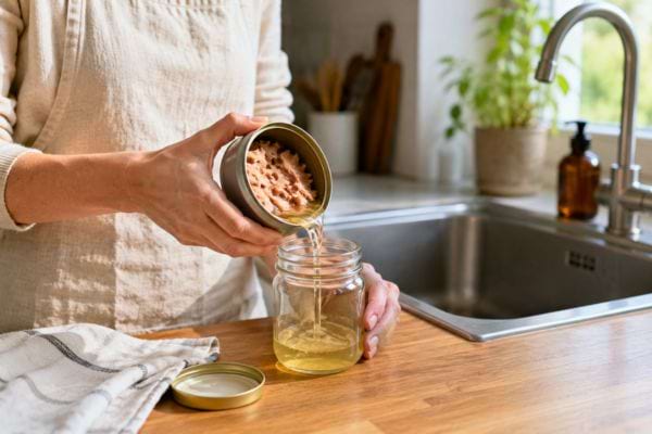 Huile de bo&icirc;te de thon r&eacute;cup&eacute;r&eacute;e dans un bocal au lieu de l&rsquo;&eacute;vier