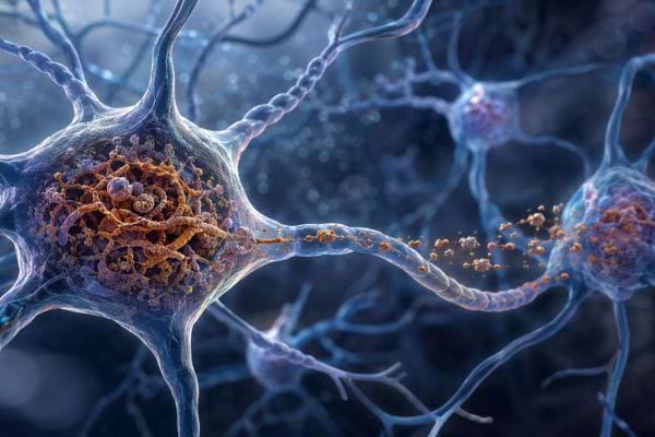 Illustration de neurones montrant la propagation de protéines Tau toxiques dans le cerveau.