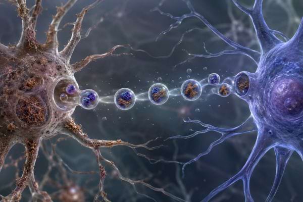 Illustration de vésicules Tau interceptées avant d’atteindre un neurone sain.