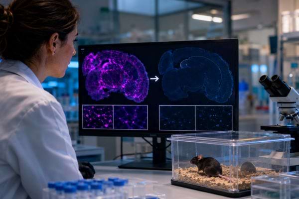 Chercheuse observant des images cérébrales dans un laboratoire avec une souris modèle.