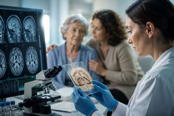 Scientifique étudiant des tissus cérébraux avec une patiente âgée en arrière-plan.