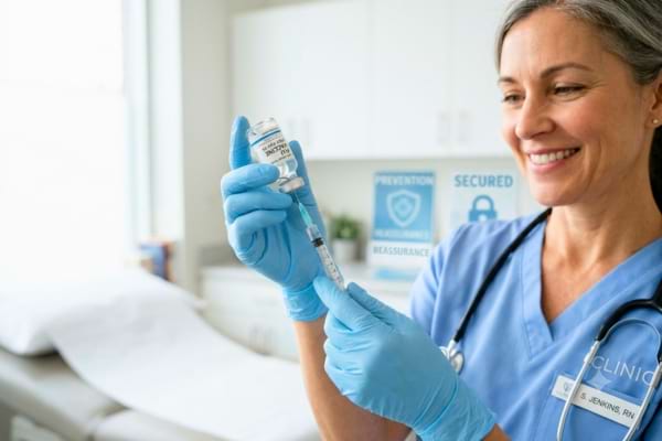 Une infirmière souriante préparant doucement un vaccin dans une clinique lumineuse