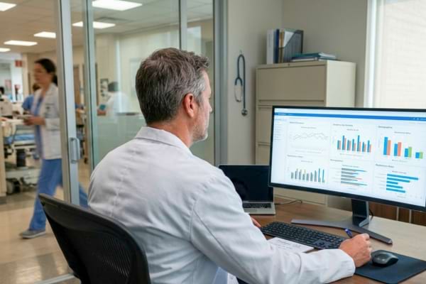un médecin en blouse blanche, de dos, regardant des graphiques statistiques