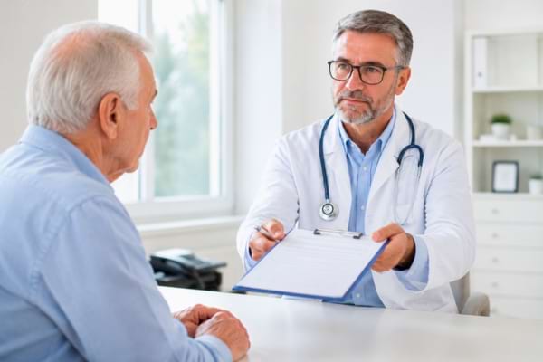 un médecin souriant dans un cabinet moderne et lumineux, tendant un formulaire d'évaluation médicale