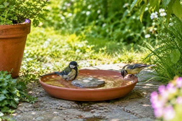 Mésanges buvant dans une coupelle d’eau au jardin