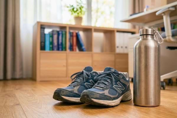 Une paire de baskets de marche posée à côté d'une grande gourde d'eau fraîche