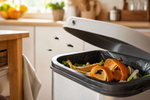 Mouches attirées par les épluchures et les déchets d’une poubelle ouverte.