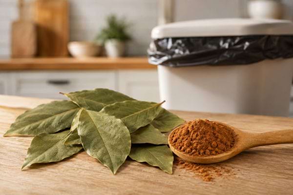 Feuilles de laurier et cannelle en poudre devant une poubelle de cuisine.