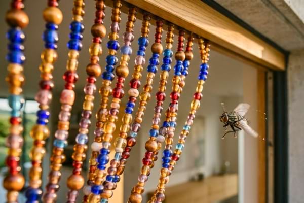 n rideau de perles color&eacute;es et brillantes en l&eacute;ger mouvement. Une mouche en plein vol fait demi-tour