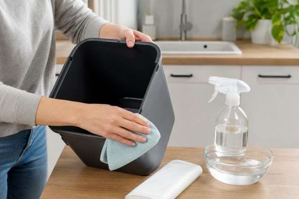 Nettoyage d’une poubelle avec du vinaigre blanc et un chiffon microfibre.