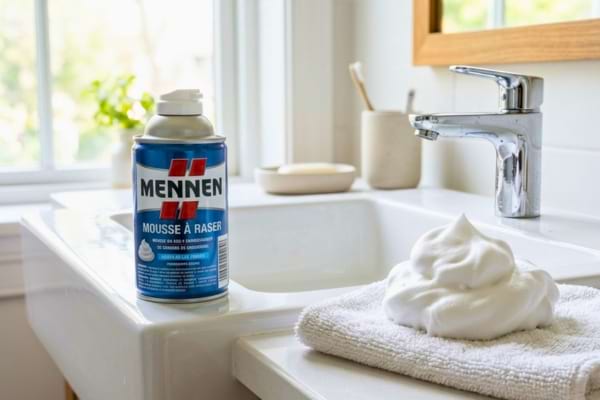 A can of shaving cream is sitting on the edge, with a rich