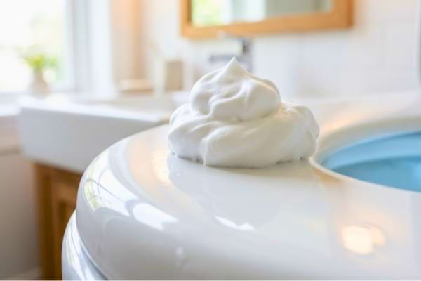 fluffy white shaving cream applied to the shiny ceramic edge