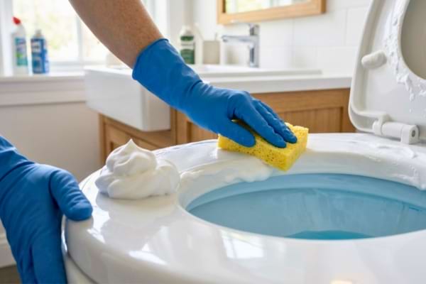 Une personne qui nettoie la cuvette des wc avec de la mousse à raser