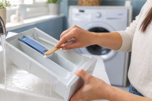 Tiroir &agrave; lessive nettoy&eacute; sous l&rsquo;eau avec une brosse &agrave; dents pour retirer les r&eacute;sidus.