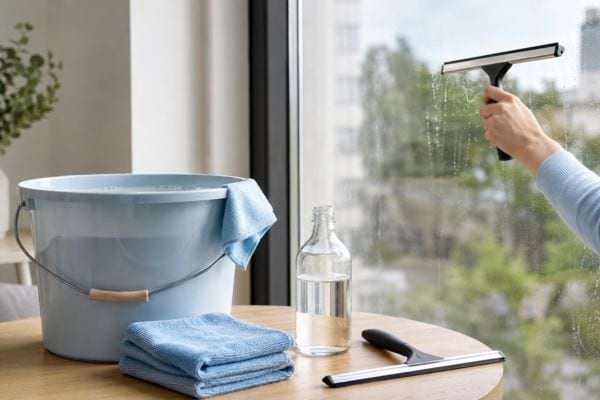 Matériel simple pour nettoyer les vitres avec une raclette, un seau et des chiffons microfibres.