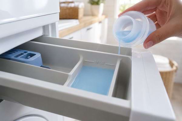 Adoucissant vers&eacute; dans le bac du lave-linge sans d&eacute;passer le niveau MAX indiqu&eacute;.