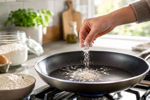 Main saupoudrant une pinc&eacute;e de farine dans une po&ecirc;le vide avant la cuisson d&rsquo;un &oelig;uf.