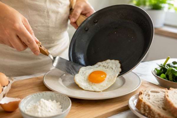 &OElig;uf au plat bien cuit glissant facilement de la po&ecirc;le vers une assiette.