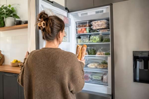 une personne de dos ouvrant un congélateur rempli de provisions bien rangées, avec une baguette coupée