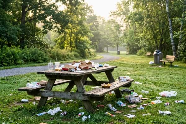 une table de pique-nique en bois recouverte de déchets abandonnés