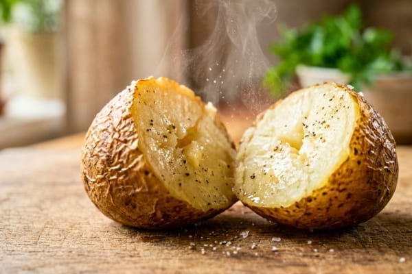 une pomme de terre cuite au four coup&eacute;e en deux