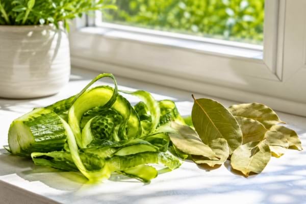 des &eacute;pluchures de concombre frais et quelques feuilles de laurier s&eacute;ch&eacute;es
