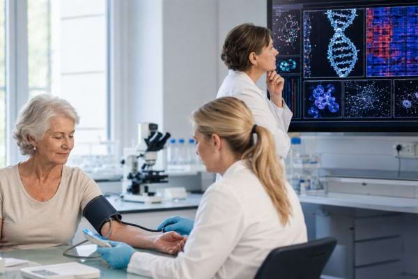 Une senior participe à une étude sur le vieillissement dans un laboratoire.
