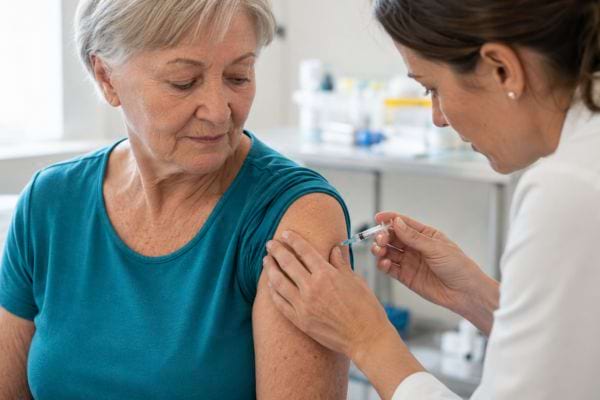 Une femme âgée reçoit un vaccin dans le bras lors d’une consultation médicale.