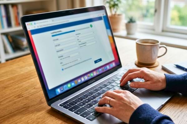 mains tapant sur le clavier d'un ordinateur portable, remplissant un formulaire en ligne avec attention