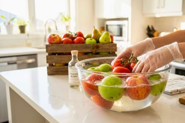 n grand bol d'eau claire et de vinaigre blanc servant &agrave; laver des tomates et des pommes fra&icirc;ches