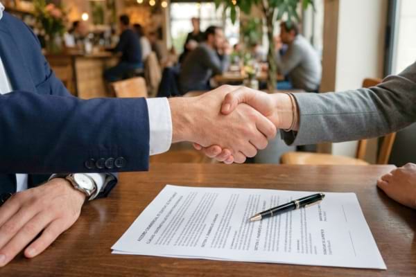 une poignée de main professionnelle au-dessus d'une table de café,