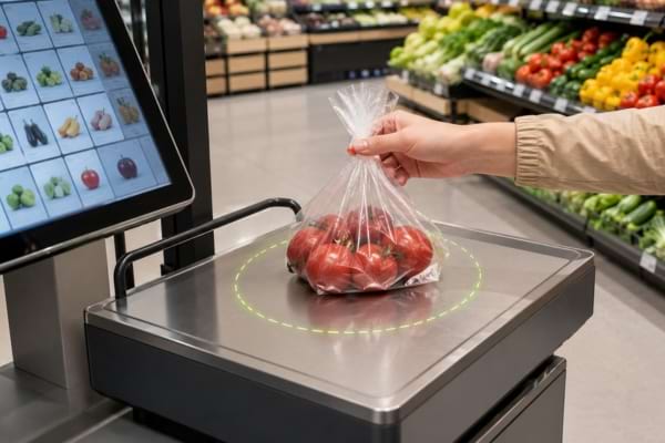 Sac de carottes mal posé sur une balance au rayon fruits et légumes.