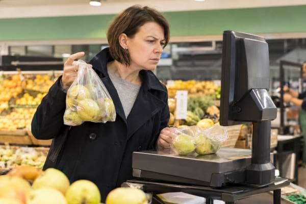 Cliente intriguée qui refait la pesée de ses fruits au supermarché.