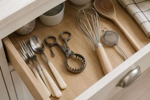 pince à ouvre les oeufs à la coque dans un tiroir de cuisine en bois avec des ustensiles