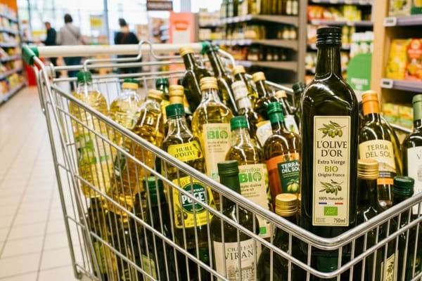 un caddie de supermarché rempli de différentes bouteilles d'huile d'olive