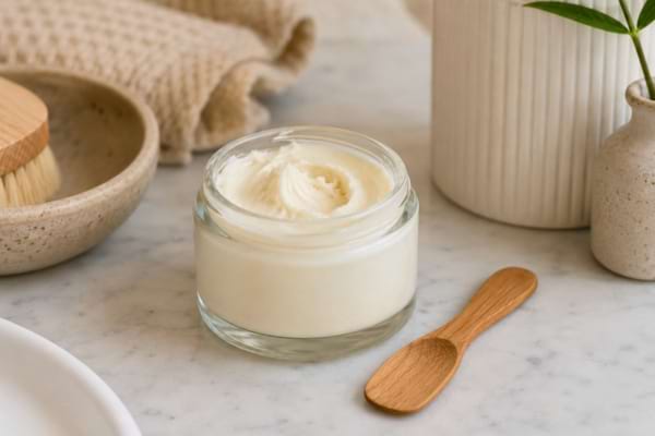 A small elegant glass jar containing homemade white cream deodorant next to a small wooden spatula