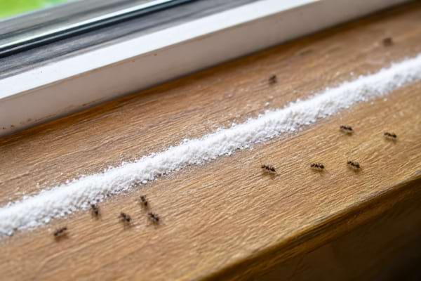 A continuous line of fine white powder on a wooden windowsill acting as a barrier against tiny black ants