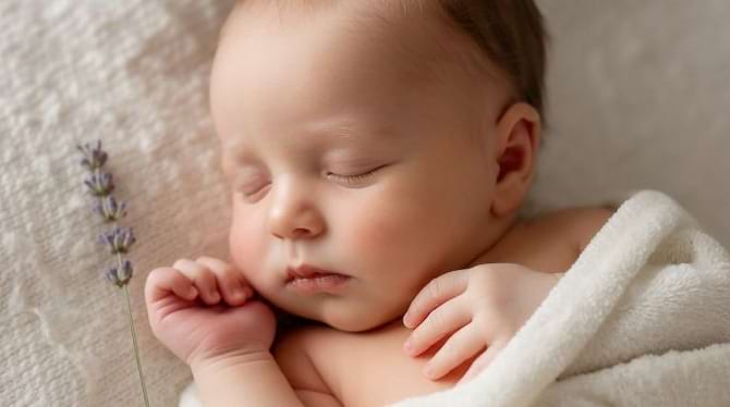 un b&eacute;b&eacute; gar&ccedil;on dort dans des linges blanc avec un brin de lavande