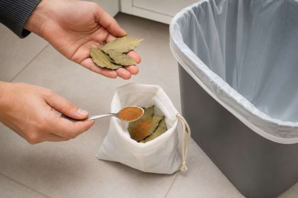 Préparation d’un sachet de laurier et de cannelle à placer sous le sac-poubelle.
