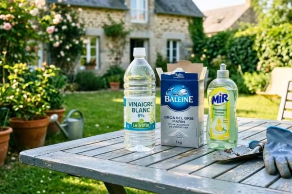 du vinaigre blanc, du gros sel et du liquide vaisselle (de marques courantes françaises) disposés sur une table de jardin