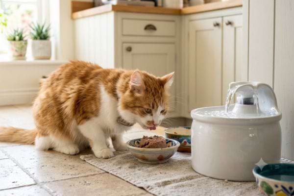 chat roux et blanc qui mange de la pâtée humide pendant la chaleur