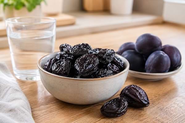 Bol de pruneaux avec verre d’eau et prunes fraîches sur une table