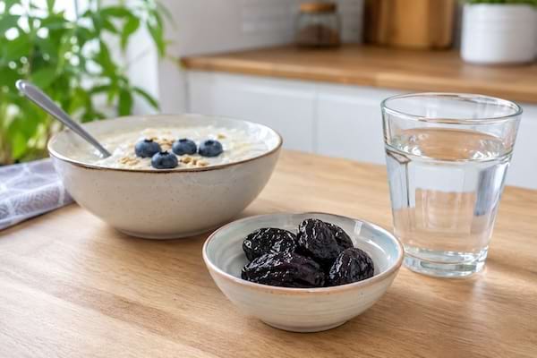 Pruneaux dans un bol avec verre d’eau et petit-déjeuner en arrière-plan