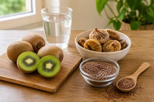 Kiwis, figues sèches, graines de lin et verre d’eau sur une table