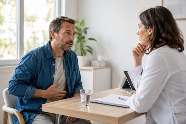 Homme consultant une médecin pour des troubles digestifs en cabinet médical