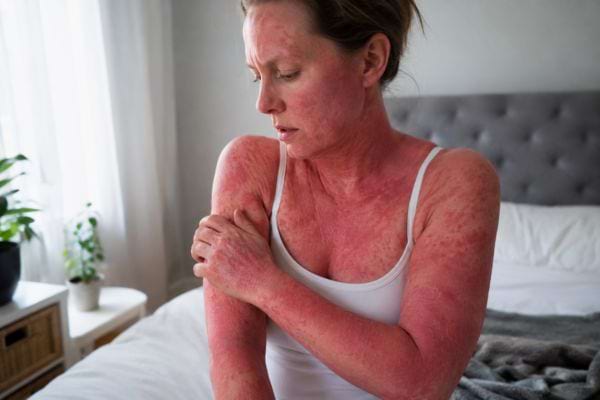 Femme avec des plaques rouges étendues sur le bras et le buste.