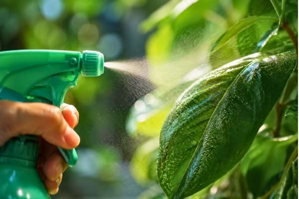 A green plastic spray bottle spraying a fine mist onto a vibrant green plant leaf,