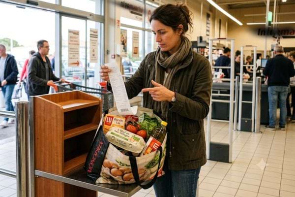 client qui vérifie son ticket à la sortie du magasin avec son sac de course